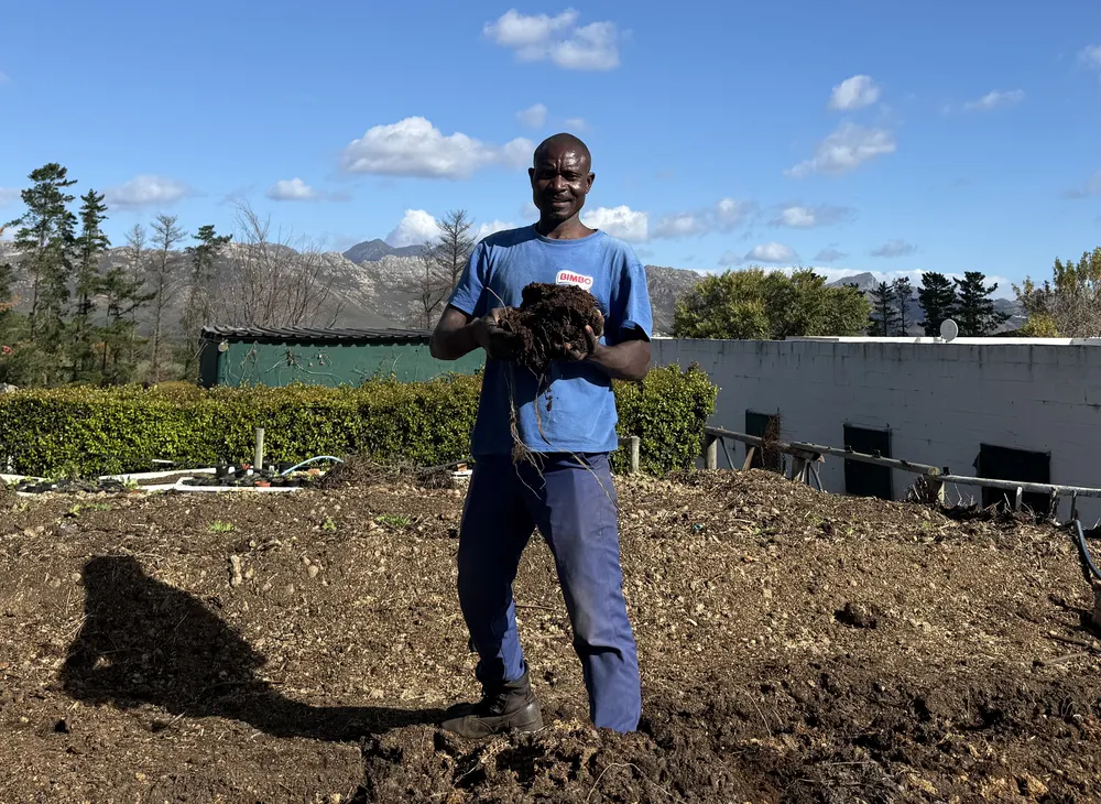 Steven, founder of Green Finger, holding fresh compost on his Somerset West farm